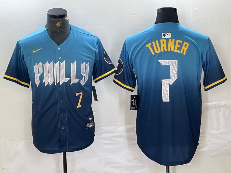 Men Philadelphia Phillies 7 Turner Blue City Edition Nike 2024 MLB Jersey style 3